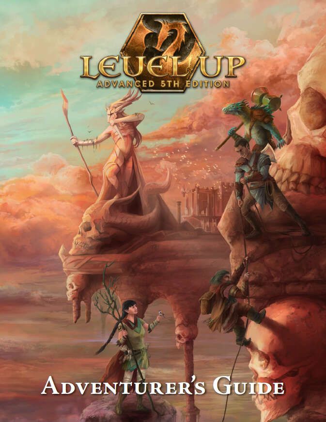 La portada de Level Up: Advanced 5th Edition's Adventurer's Guide, un libro que se basa en el SRD usando el OGL para crear una versión más compleja de la 5.ª edición de Dungeons & Dragons.