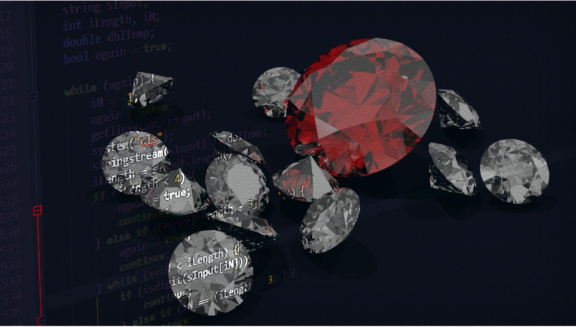 Código fuente escrito en editor de código con rubíes en el fondo