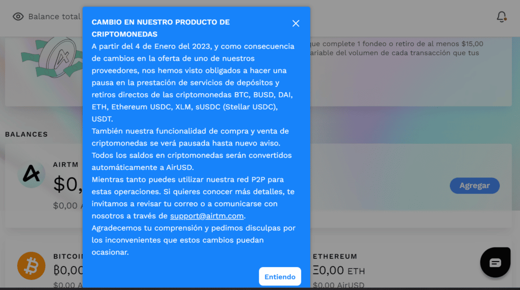 Aviso que muestra AirTM sobre las criptomonedas.