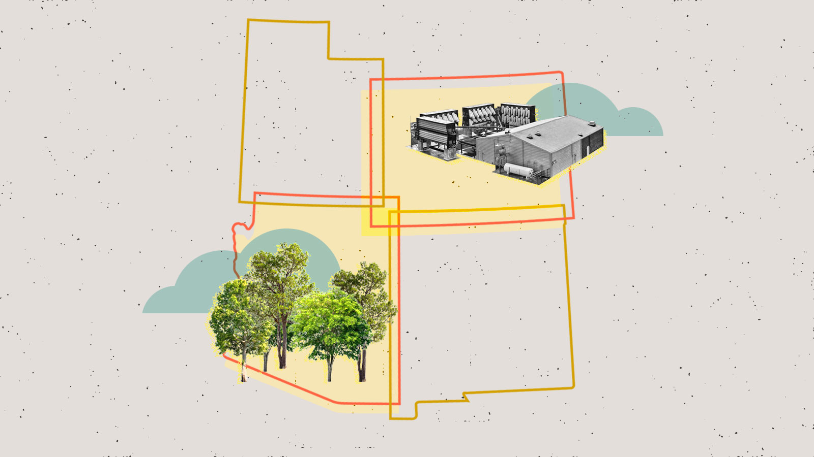 Collage de contornos de Utah, Colorado, Nuevo México y Arizona con árboles y una instalación de eliminación de carbono en la parte superior