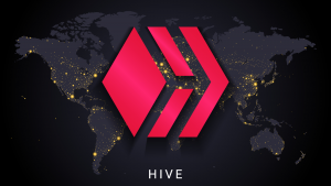 Logotipo de HIVE Blockchain Technologies sobre un mapa del mundo.  Stock de colmena.