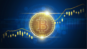 Tendencia alcista Gráfico técnico de Bitcoin (BTC-USD) en concepto futurista, BITI ETF es un fondo corto de Bitcoin para inversores que apuestan contra Bitcoin.