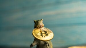 Figura de dinosaurio sosteniendo una moneda conceptual de Bitcoin (BTC) entre sus dientes