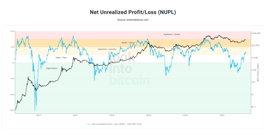 fluctuación  Indicador Net Unrealized Profit/Loss de Bitcoin