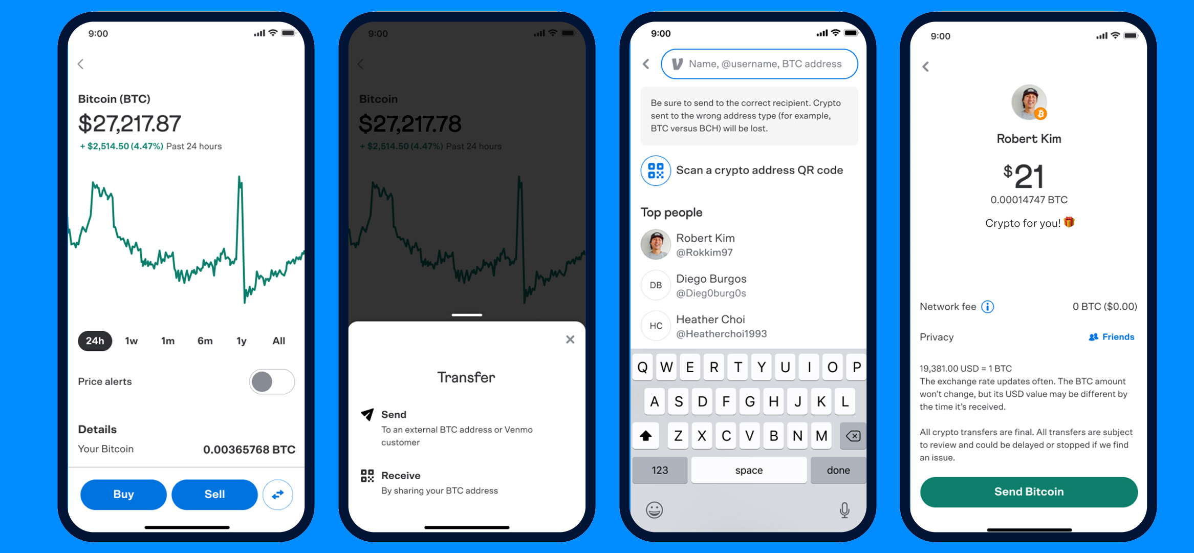 Capturas de pantalla de Venmo Crypto Transfer Flow