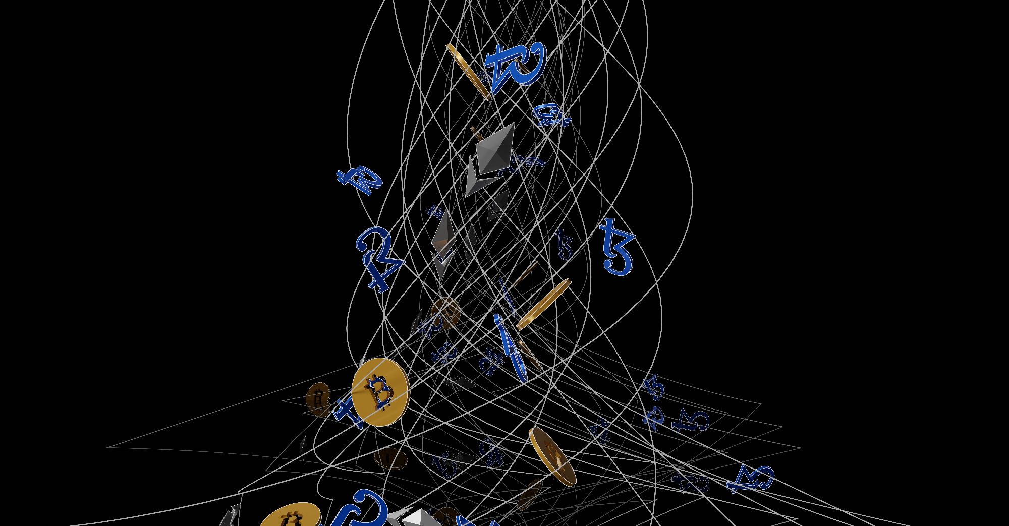 varios símbolos de criptomonedas en espiral en una columna palmeada 