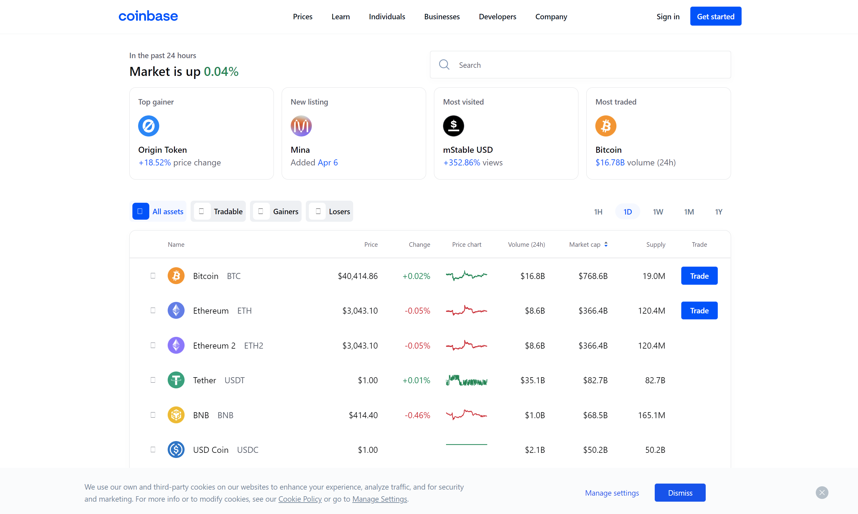 Captura de pantalla de la página de Precios en Coinbase