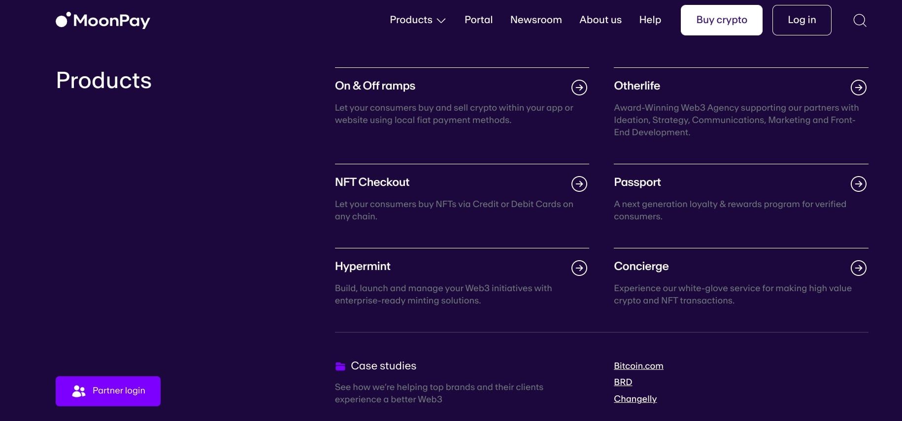 captura de pantalla de la lista de características del sitio web de moonpay