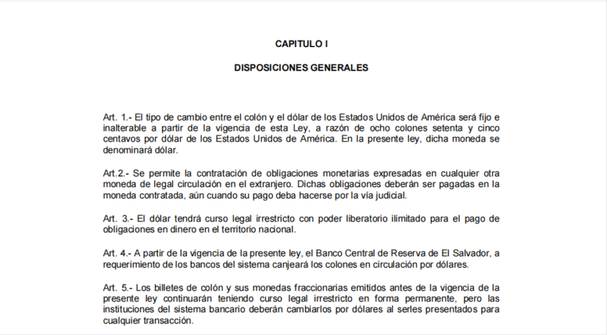 dolarización El Salvador - Capítulo I de la Ley de Integración Monetaria