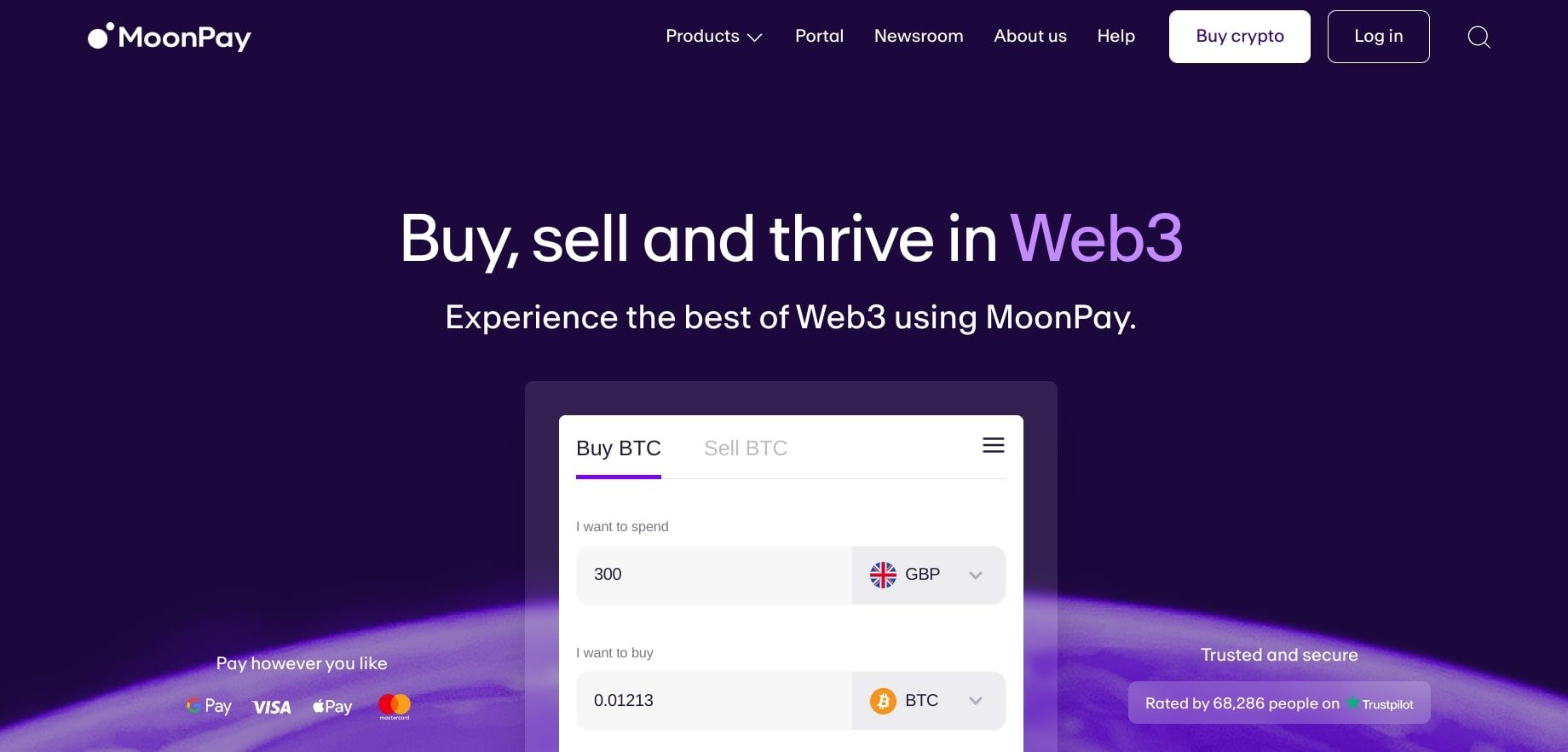 captura de pantalla de la página de inicio del sitio web moonpay