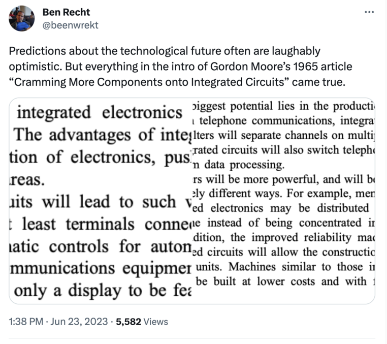 Las predicciones sobre el futuro tecnológico a menudo son ridículamente optimistas.  Pero todo en la introducción del artículo de 1965 de Gordon Moore 