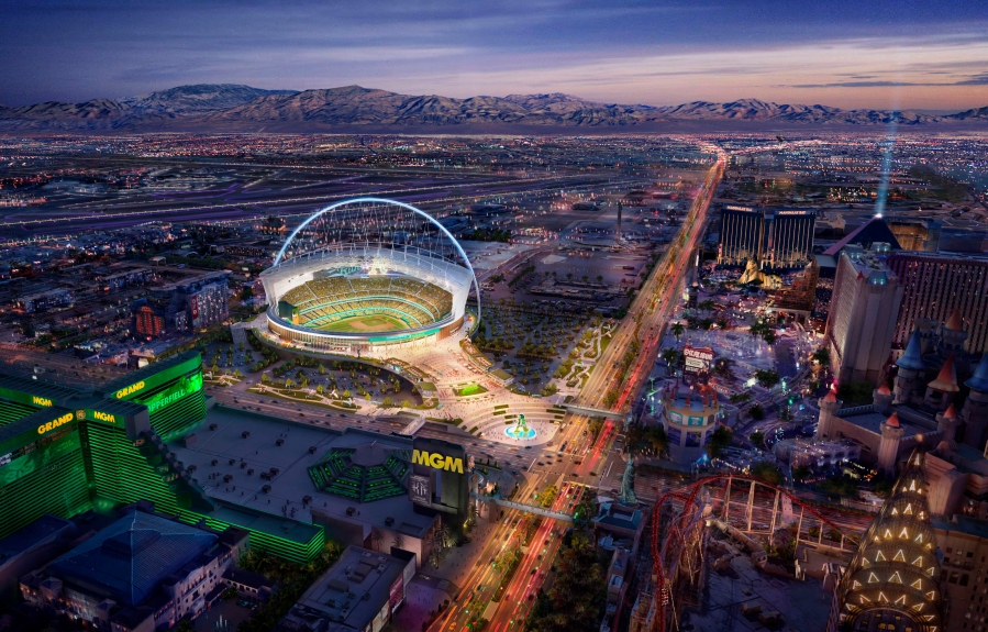 ARCHIVO - Esta representación proporcionada por los Atléticos de Oakland el 26 de mayo de 2023 muestra una vista de su nuevo estadio de béisbol propuesto en el sitio de Tropicana en Las Vegas.  Major League Baseball presentó un proceso detallado para aprobar la mudanza de Oakland Athletics a Las Vegas, que parece convertirse en el segundo cambio de una franquicia en el último medio siglo.  La Legislatura de Nevada aprobó el miércoles 14 de junio proporcionar $380 millones en dinero de los contribuyentes para un estadio de béisbol propuesto de $1,500 millones y 30,000 asientos con techo retráctil, un proyecto de ley que se espera que firme el gobernador Joe Lombardo.  (Oakland Athletics vía AP, Archivo)