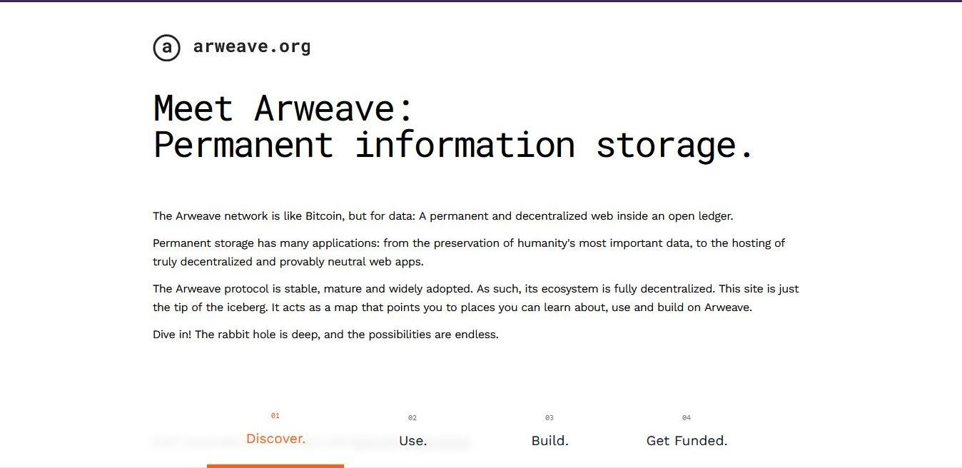 Captura de pantalla del sitio web de Arweave Network