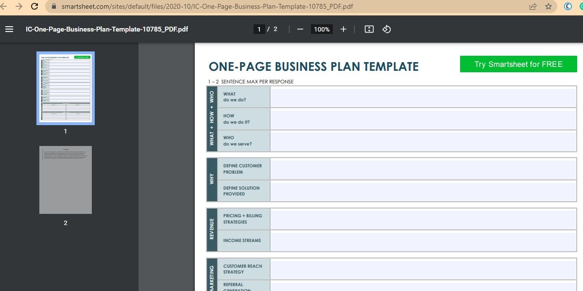 Plantilla de plan de negocios de una página de Smartsheet