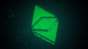 Gráfico conceptual del logotipo criptográfico Ethereum Classic (ETC) en estilo techno verde