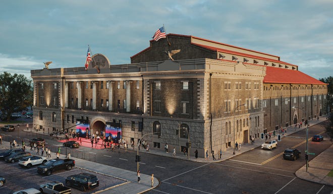 Una representación de Louisville Gardens restaurado, remodelado como estudio para películas, música y producciones digitales.  La propuesta exige restaurar la fachada del edificio histórico al diseño original de la antigua Armería de Louisville.