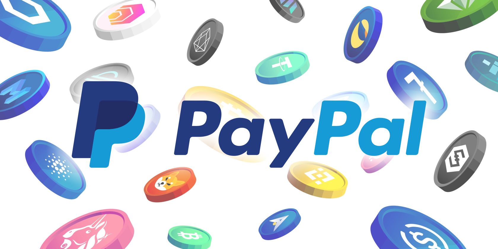 logotipo de paypal con característica de fondo de monedas criptográficas que caen