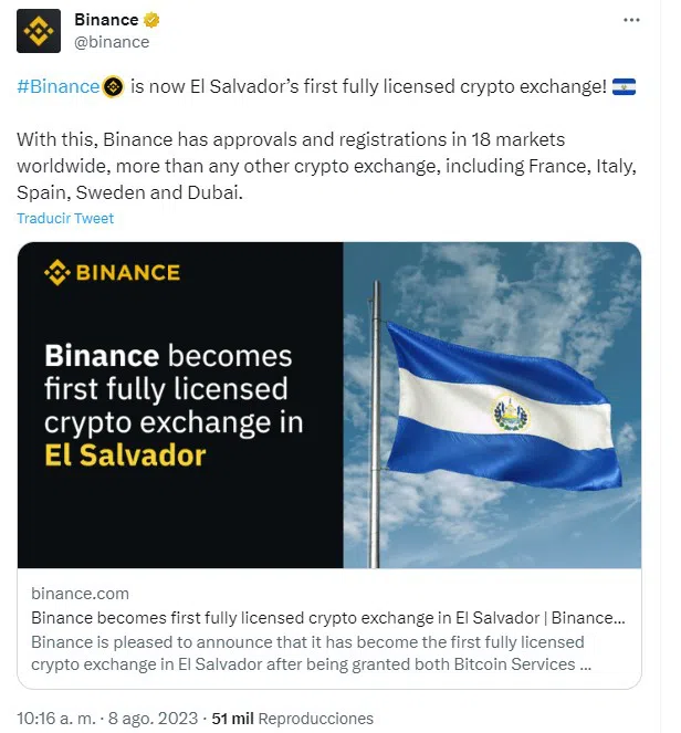 BeInCrypto noticias Bitcoin - Binance obtiene licencia El Salvador