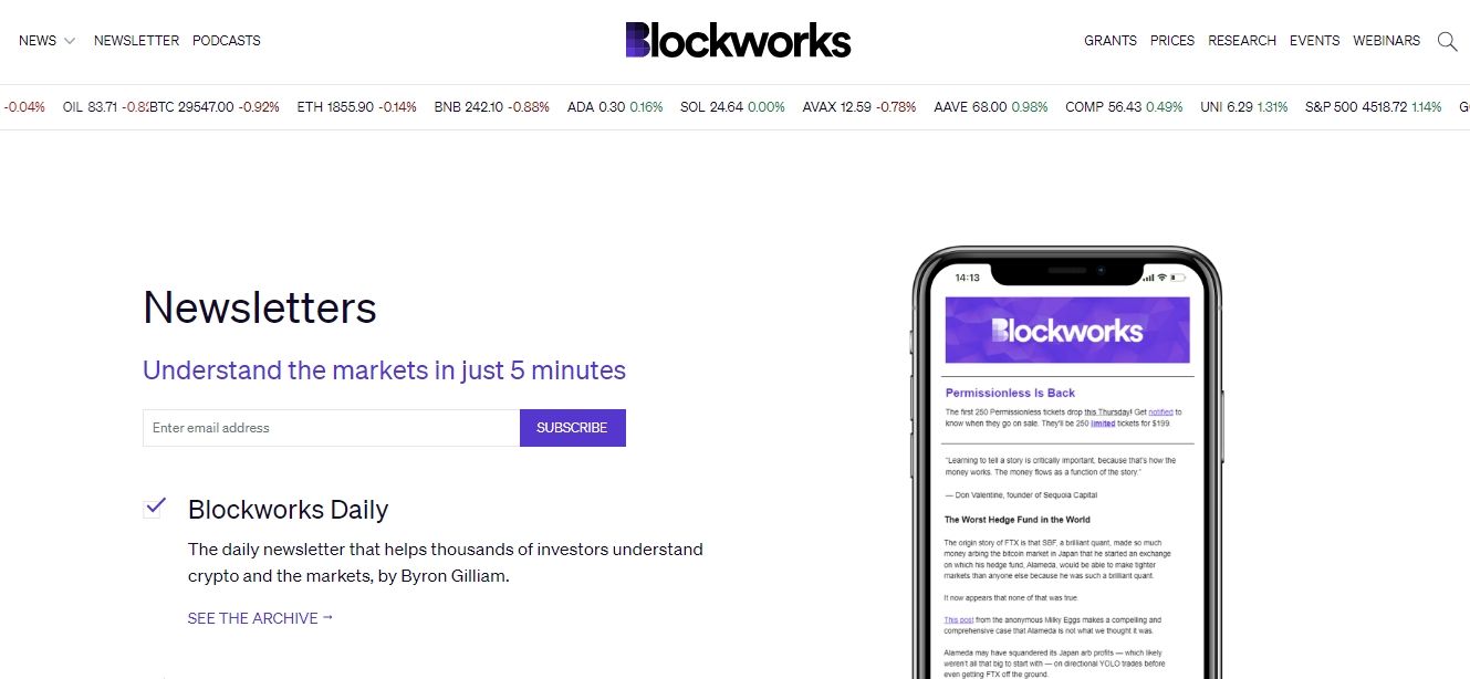 Captura de pantalla de Blockworks Daily