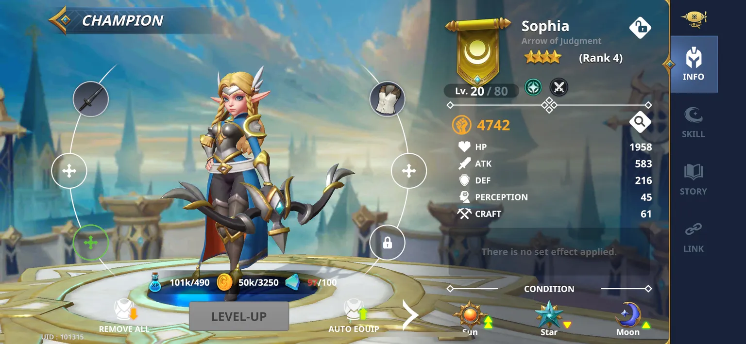 Captura de pantalla que muestra a una elfa rubia con arco y flecha parada en un escenario de mármol y oro con agujas de castillo azules y nubes al fondo.  También vemos el equipo equipado de Sophia y sus estadísticas, mostrándola en el rango 4 y el nivel 20.