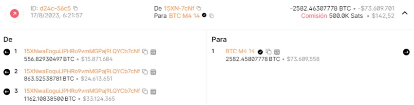 Ballena Bitcoin envía 2,582 BTC a Coinbase