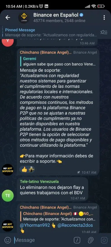 Comunicado de representantes de Binance ante el retiro del Banco de Venezuela del P2P