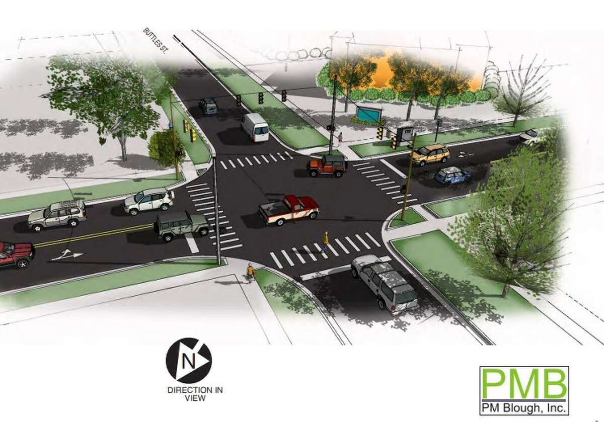 Un dibujo de la intersección de Rodd y Buttles que ilustra a Rodd como una calle de doble sentido. 