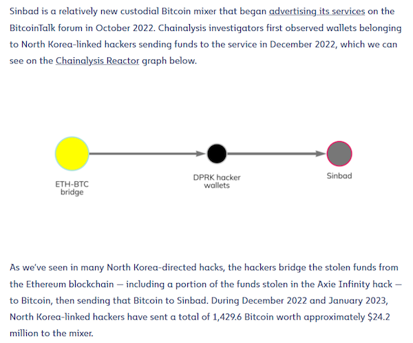 Un extracto de un informe de Chainalyis que destaca el surgimiento de Sinbad y su uso por parte de hackers norcoreanos.