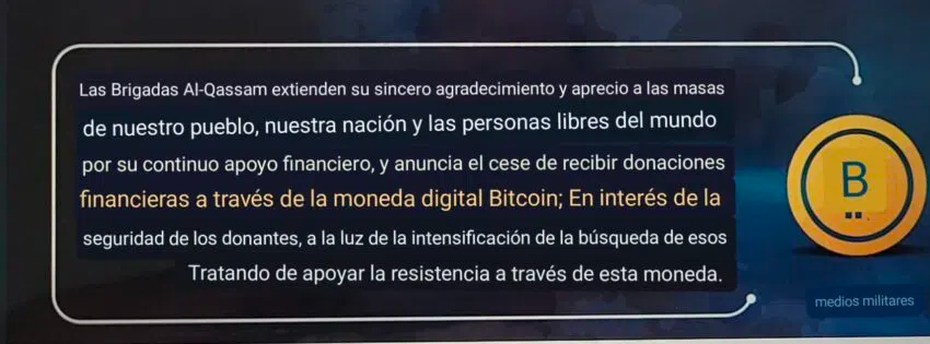 El anuncio de Hamás solicitando el cese a las donaciones con criptomonedas, y más tarde Elliptic lo confirmó. Fuente: Elliptic