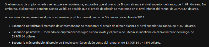 Predicción del precio de Bitcoin para noviembre 20023. Fuente: Google Bard