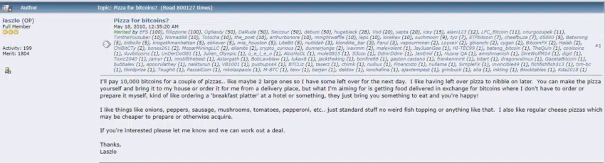 En mayo de 2010, Laszlo Hanyecz pagó 10,000 BTC por 2 pizzas. Fuente: Bitcoin Talk