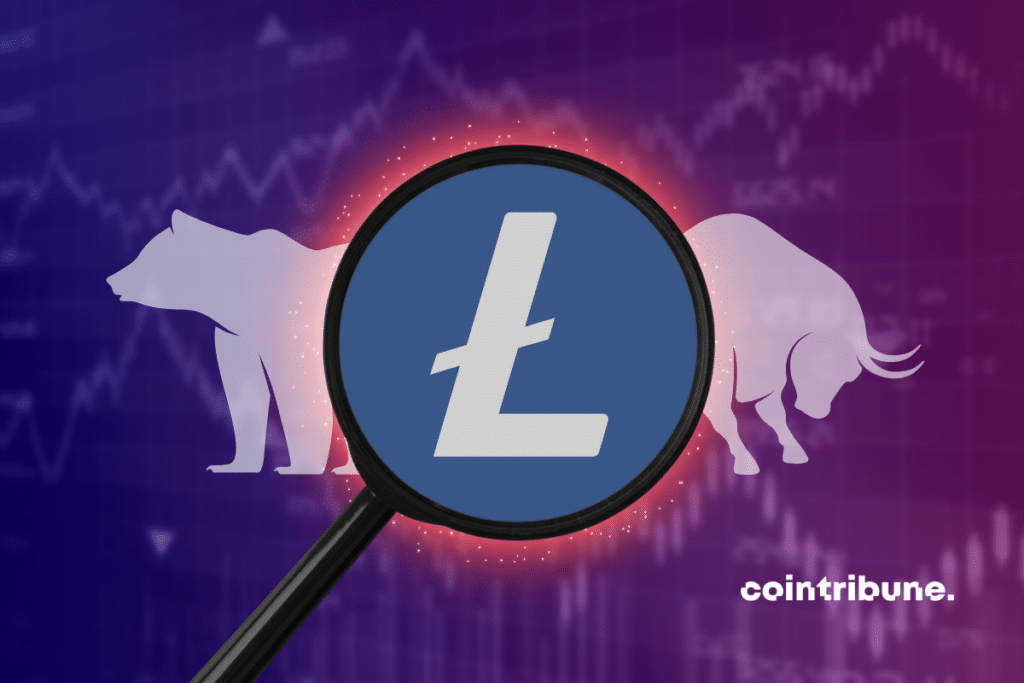 Logotipo de Litecoin enmarcado por una lupa con un gráfico de color en el fondo, así como un toro y un oso blanco.