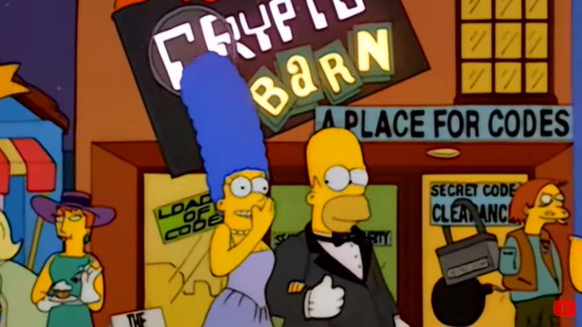 Marge y Homer disfrutan un paseo como pareja y caminan al frente del local "Crypto Barn"