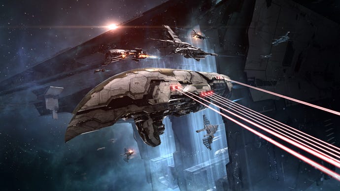 Una flota de acorazados dispara múltiples láseres en Eve Online