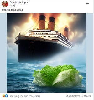 El chiste sobre la lechuga con temática del Titanic del usuario de Facebook Dennis Lindinger en el "ciudad marina, michigan," La página del miércoles 4 de octubre de 2023, como se muestra en una captura de pantalla, fue una de las más de dos docenas de publicaciones en una tendencia breve pero divertida en respuesta a una queja sobre ensalada de cuña contra Little Bar.