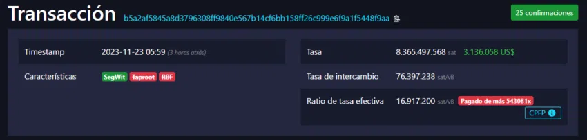 Usuario paga 3 millones de dólares por una transacción de Bitcoin. Fuente: mempool-space
