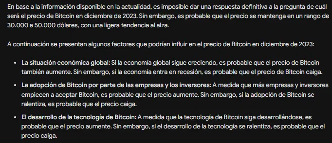 Predicción del precio de Bitcoin. Fuente: Bard