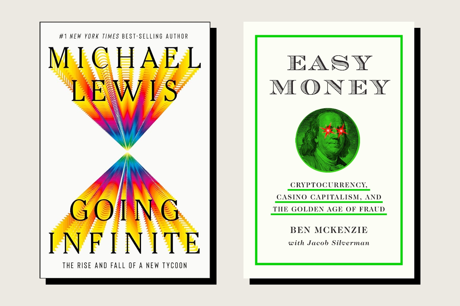 Portadas de libros para Going Infinite: The Rise and Fall of a New Tycoon de Michael Lewis y Easy Money: Cryptocurrency, Casino Capitalism, and the Golden Age of Fraud de Ben McKenzie.