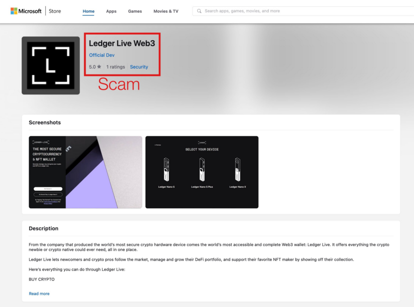 Ledger advirtió en su cuenta oficial el scam de "Ledger Live", la app ya fue retirada de Microsoft. 