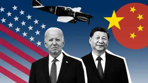 Un montaje de fotografías de Joe Biden, Xi Jinping y un avión de guerra chino, así como elementos de las banderas de Estados Unidos y China.