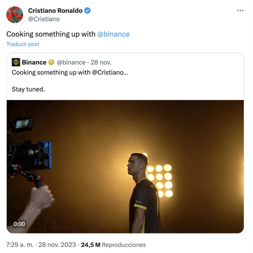 Captura de pantalla del perfil de Cristiano Ronaldo en la red social X, donde muestra que viene una nueva campaña con Binance.