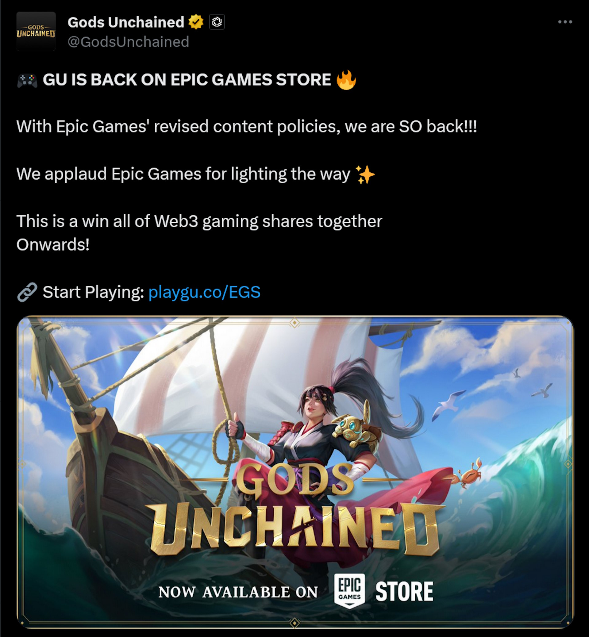 Foto de perfil cuadrada Gods Unchained @GodsUnchained · 20h 🎮 GU ESTÁ DE VUELTA EN EPIC GAMES STORE 🔥 ¡¡¡Con las políticas de contenido revisadas de Epic Games, estamos TAN de vuelta!!!  Aplaudimos a Epic Games por iluminar el camino ✨ Esta es una victoria que todos los juegos de Web3 comparten juntos ¡En adelante!  🔗 Empieza a jugar: http://playgu.co/EGS