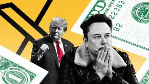 Un montaje de Donald Trump, Elon Musk, el logo X y los billetes de banco estadounidenses