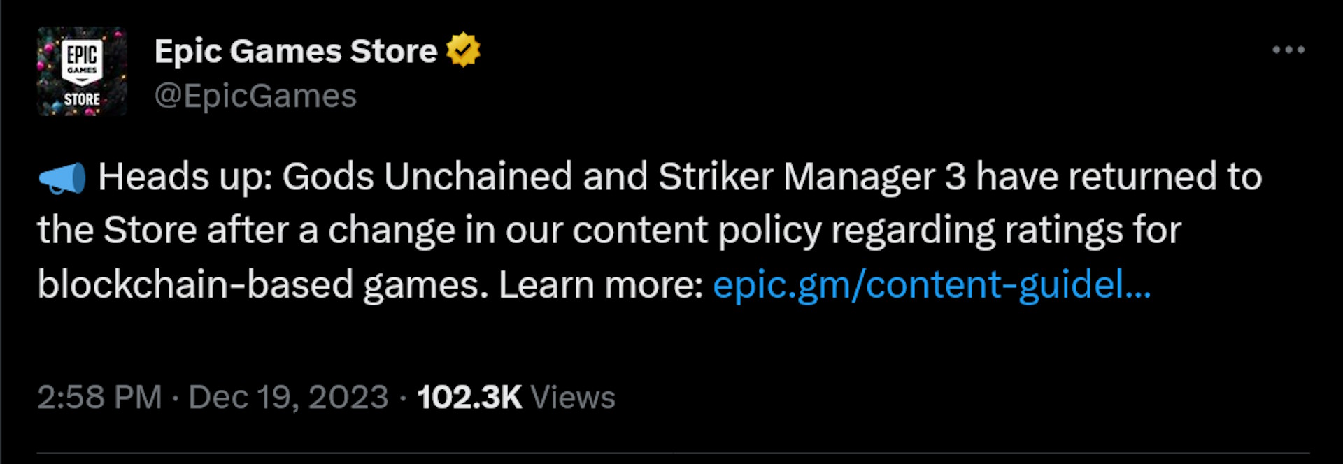 Aviso: Gods Unchained y Striker Manager 3 regresaron a la Tienda después de un cambio en nuestra política de contenido con respecto a las calificaciones de los juegos basados ​​en blockchain.  Más información: https://epic.gm/content-guidelines