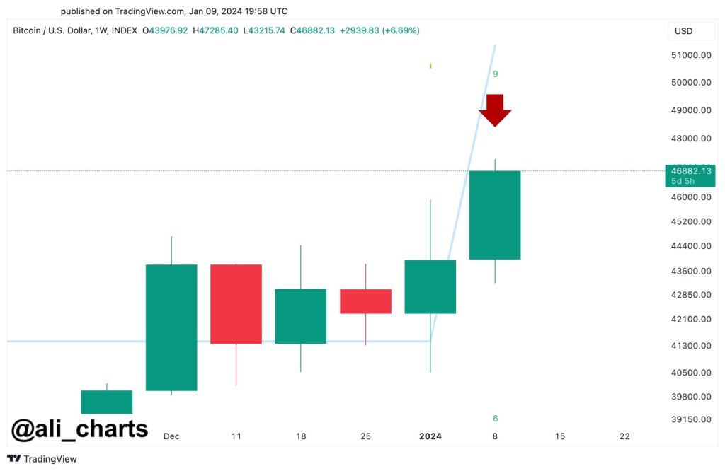 Señal de venta de Bitcoin en un gráfico semanal.  Fuente: Alí Martínez