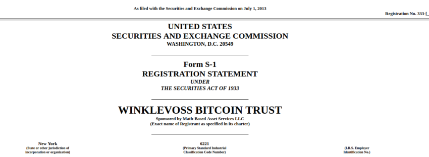 Primera solicitud para un ETF de Bitcoin realizada por los gemelos Winklevoss en 2013. Fuente: SEC