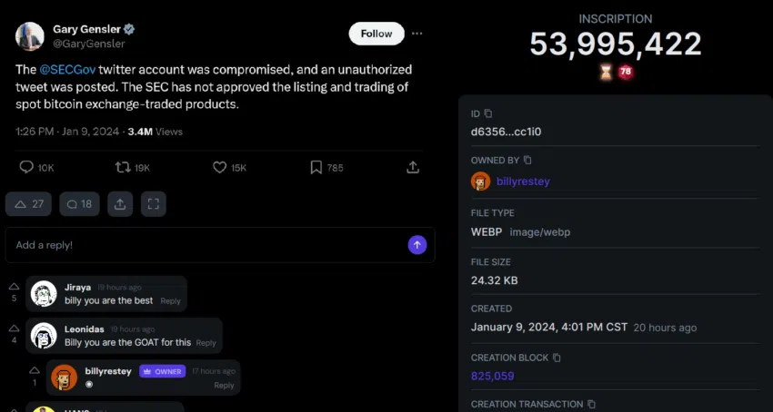 Bitcoin Ordinals generado del tweet de Gary Gensler. Fuente: Ord.io