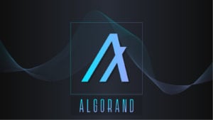 Logotipo de Algorand en azul claro sobre un fondo sencillo de color oscuro y aspecto futurista.