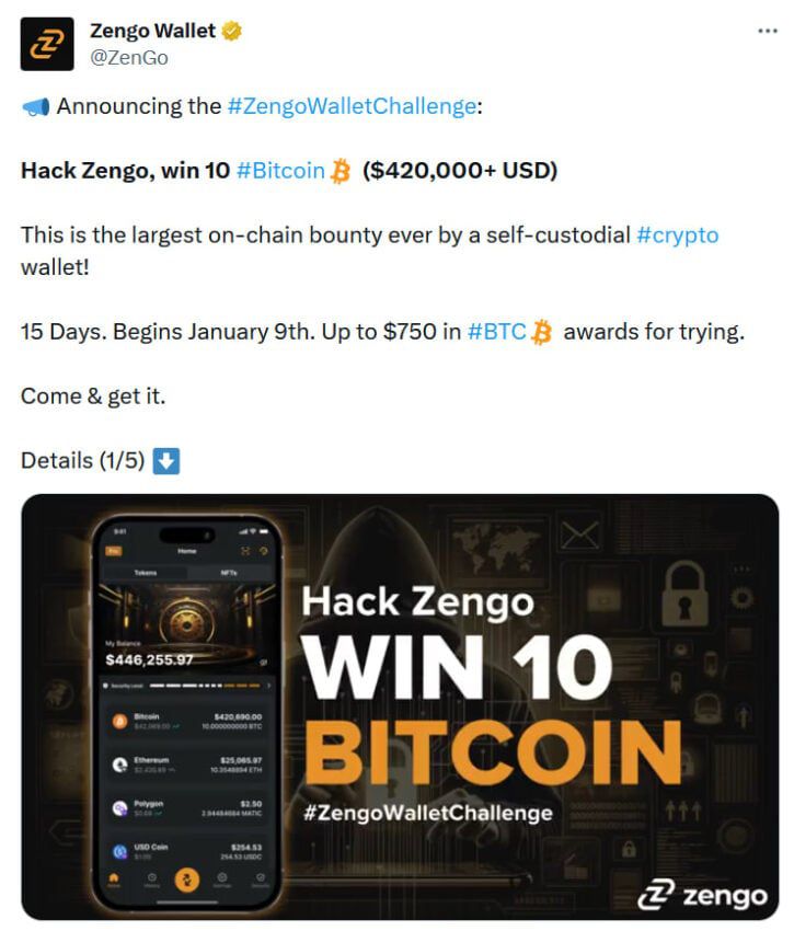 ZenGo Wallet invita a los hackers a vulnerar un monedero de criptomonedas con 10 BTC. Fuente: X