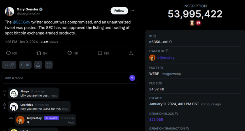 El tweet de Gensler llevó a que un artista en X generara un Bitcoin Ordinals 